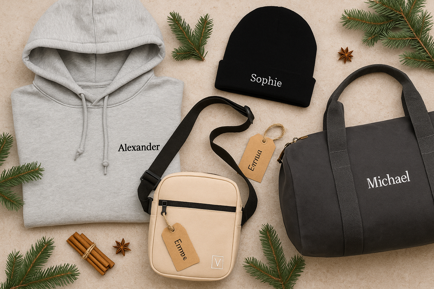 Personalisiertes Weihnachtsgeschenk: Hoodie, Mütze, Tasche und Beutel mit Namen, umgeben von Tannenzweigen.