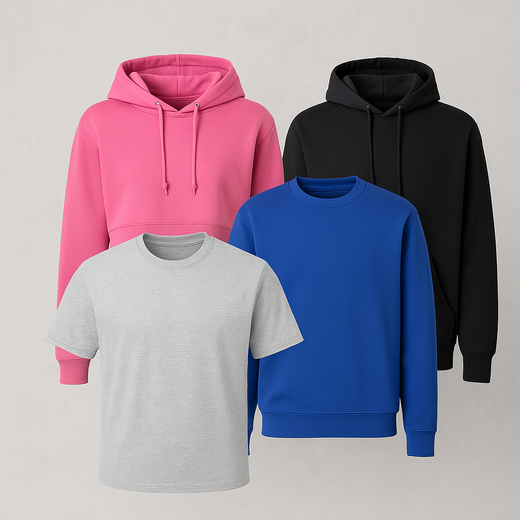 Teamwear Größenauswahl mit Hoodie in Pink und Schwarz, Sweatshirt in Blau, T-Shirt in Grau