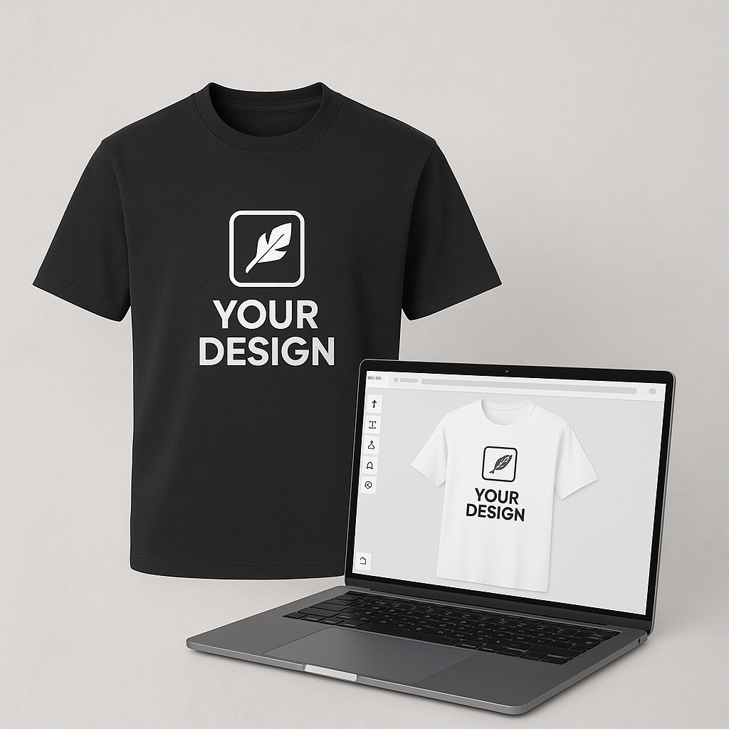 Schwarzes T-Shirt mit „Your Design“-Logo neben Laptop mit Online-Teamwear-Design-Tool.