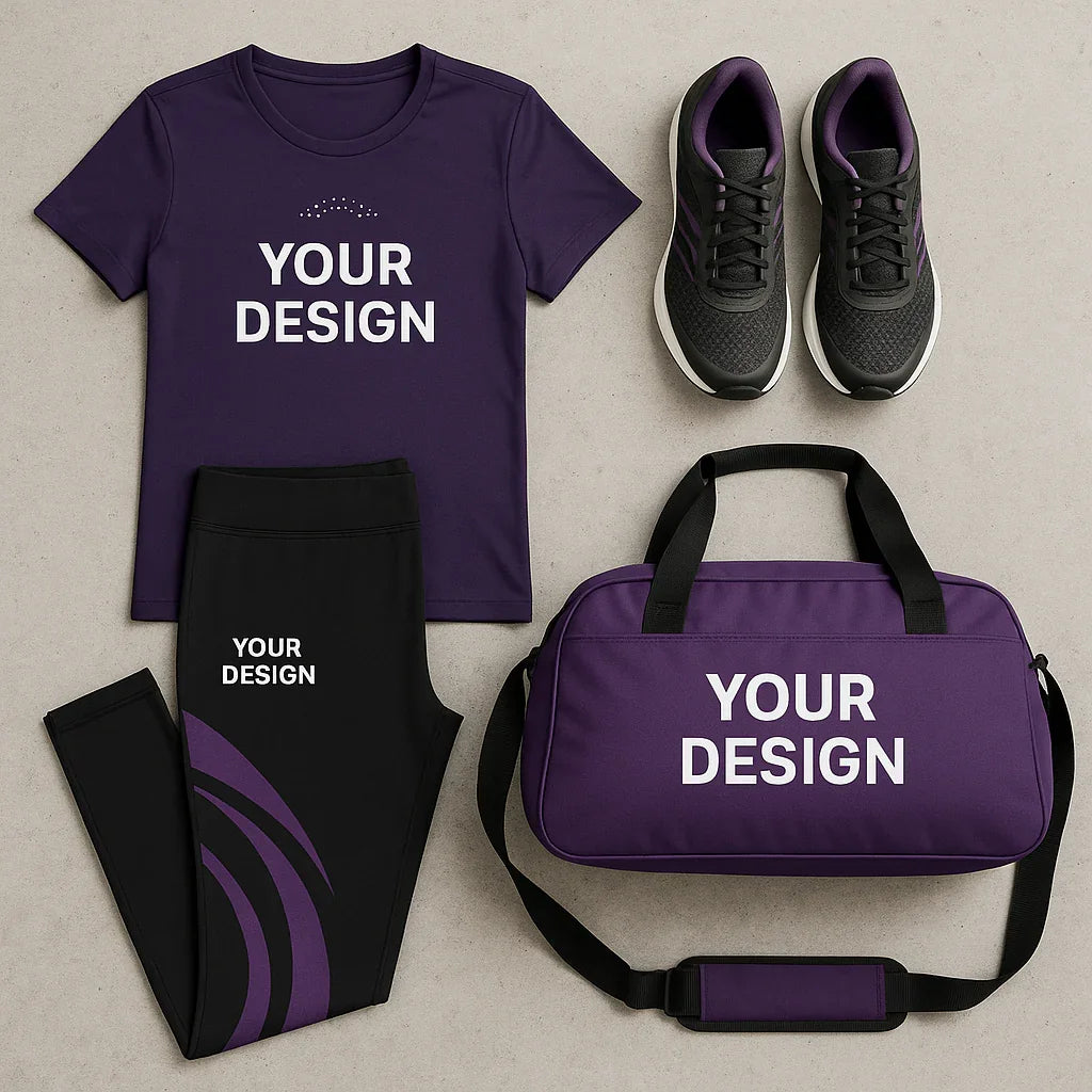 Lila Sportbekleidung Set mit T-Shirt, Leggings, Tasche und Sportschuhen auf hellem Hintergrund.