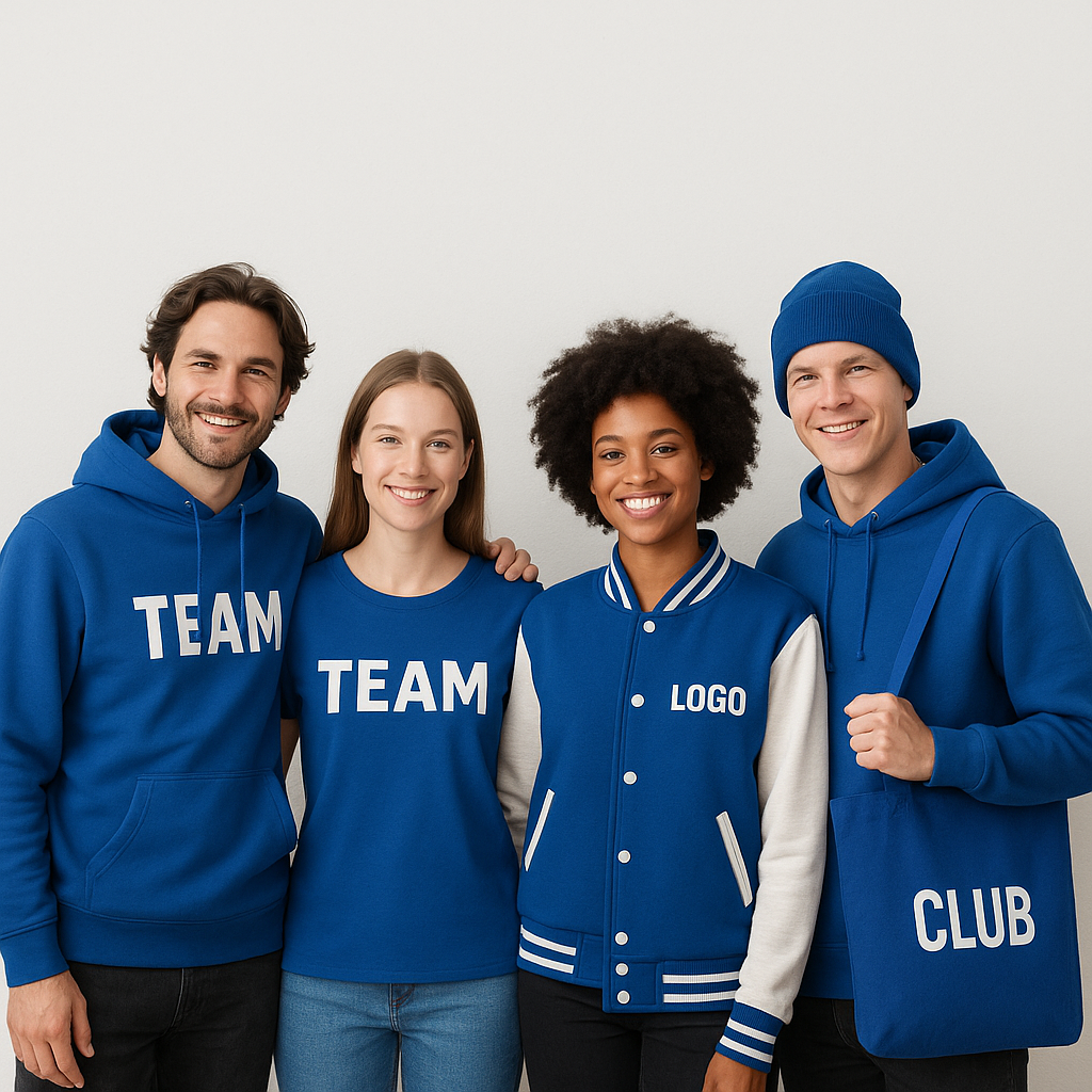 Junge Menschen tragen blaue Teamkleidung mit Aufdruck TEAM, LOGO und CLUB vor hellem Hintergrund.