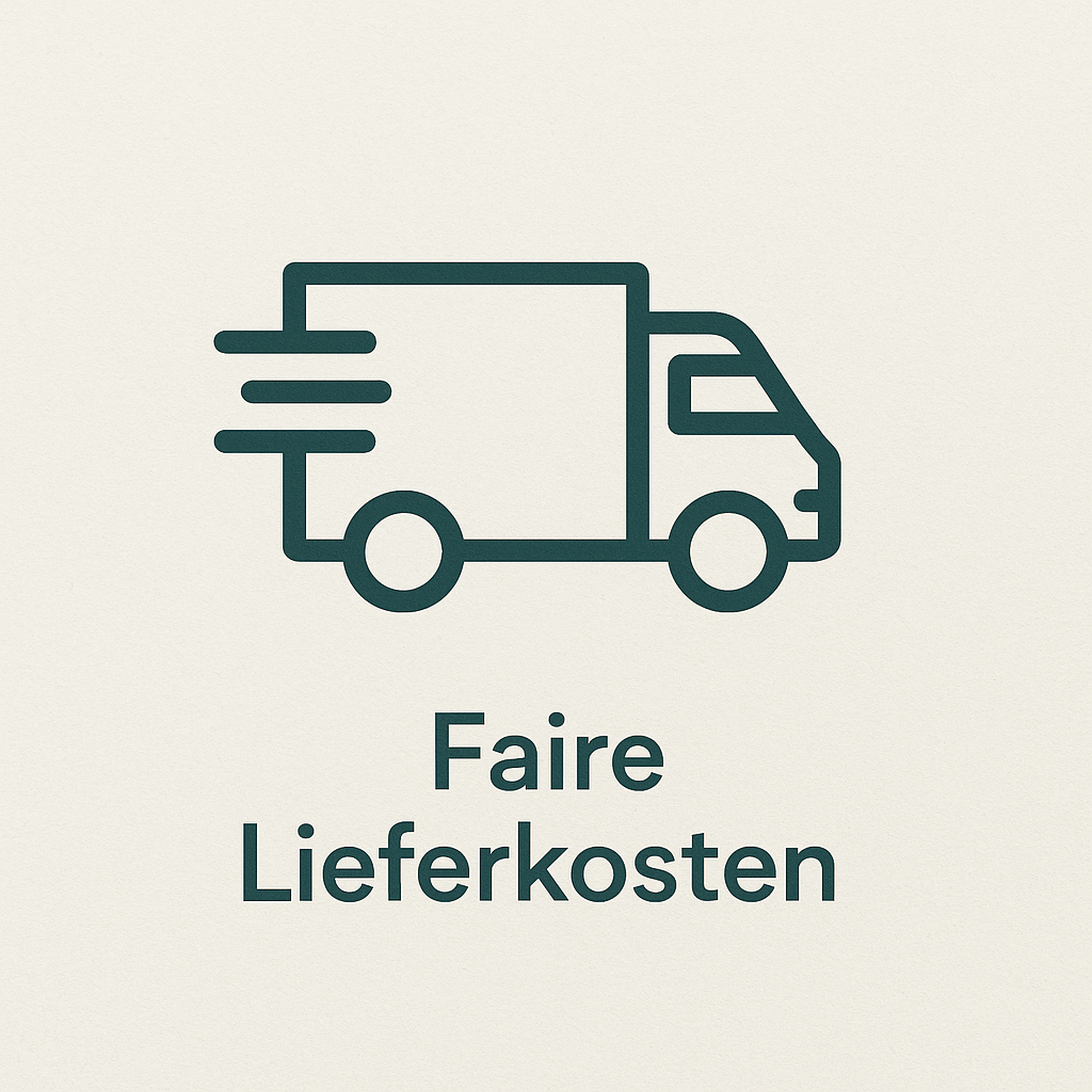 Icon Lieferwagen mit Linien für Versand, Text 'Faire Lieferkosten', Versandkosten Grafik