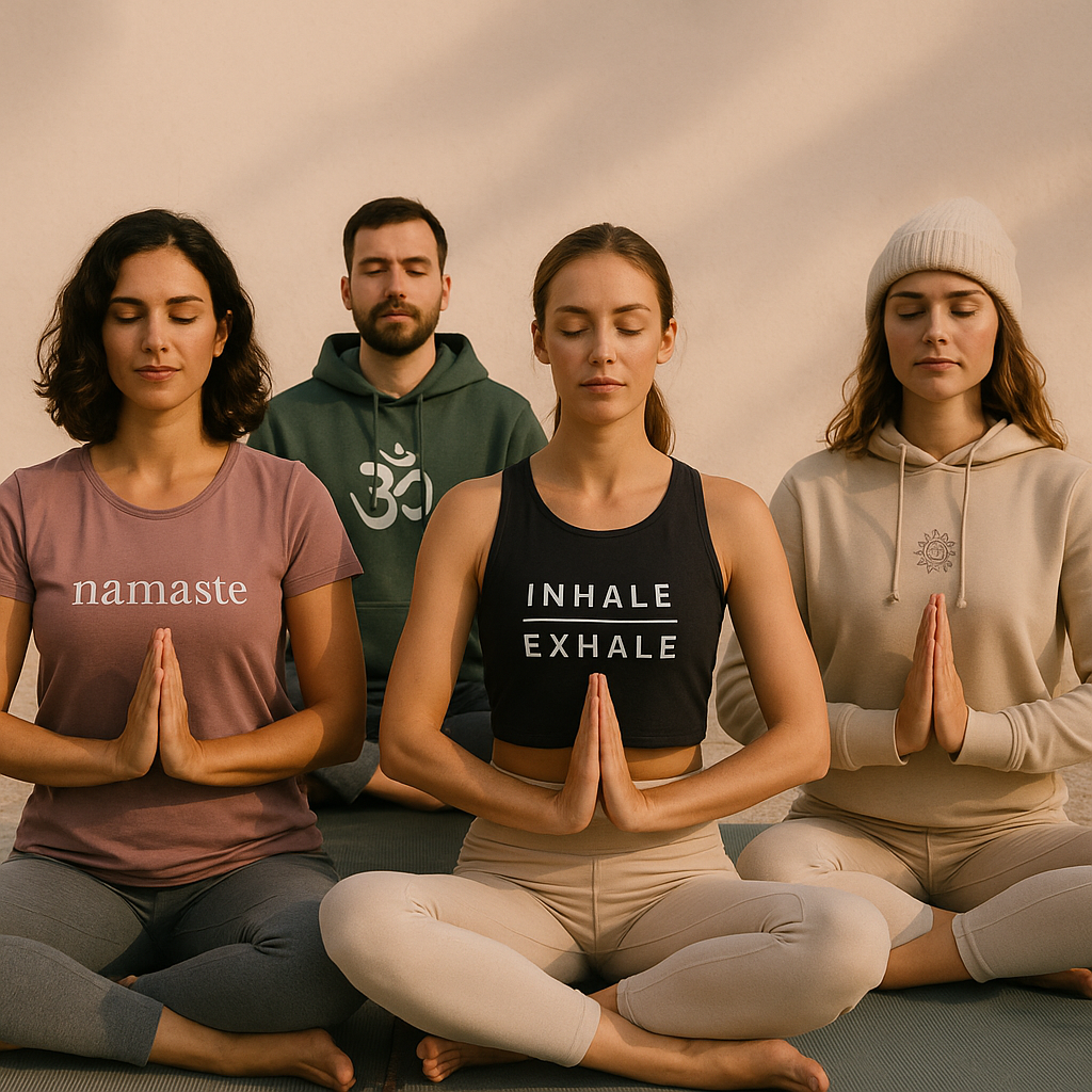 Yoga Gruppe in Teamwear sitzt meditierend auf Yogamatten, Namaste und Motivshirts sichtbar