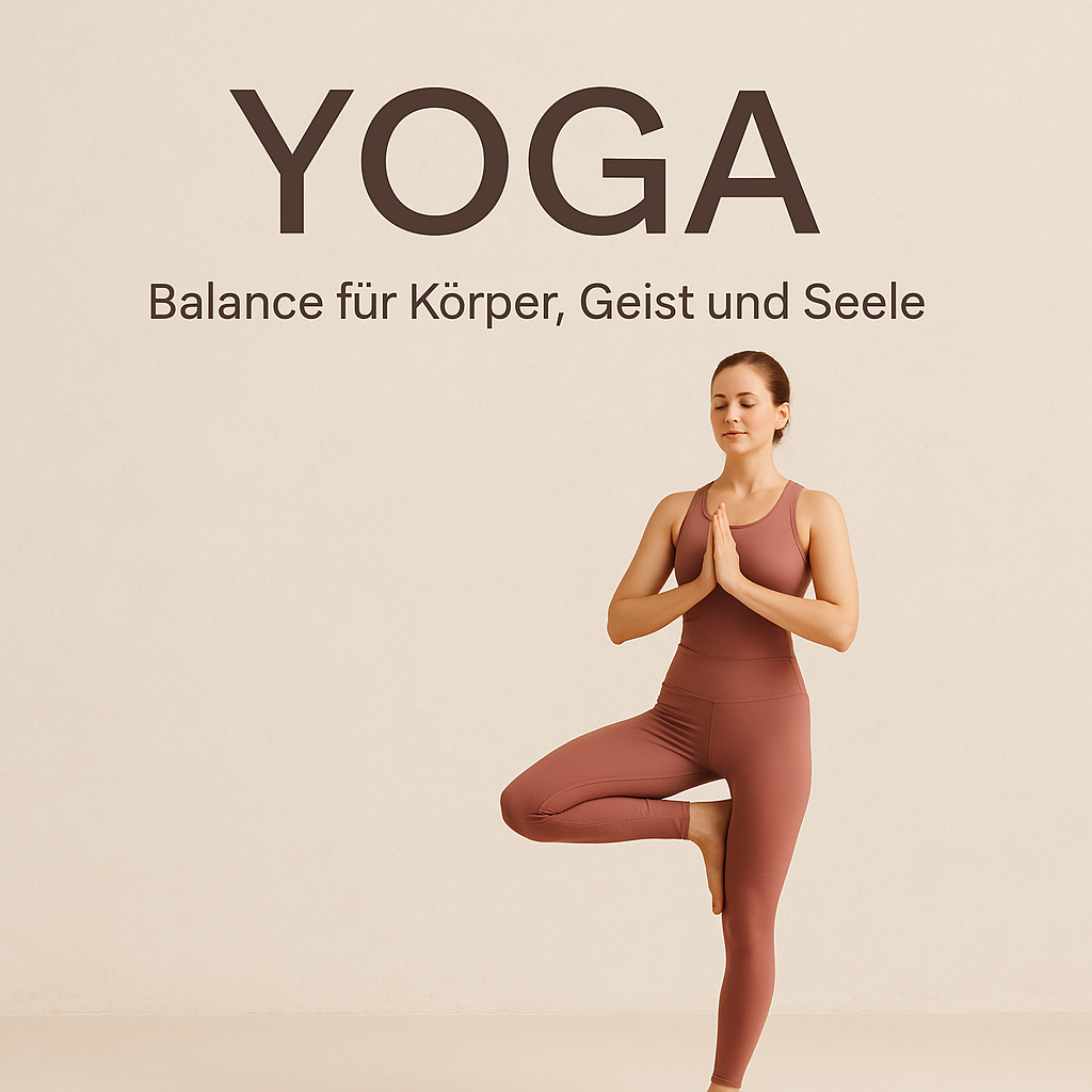 Frau praktiziert Yoga im Baum-Pose vor beige Wand, Text: Yoga Balance für Körper, Geist und Seele