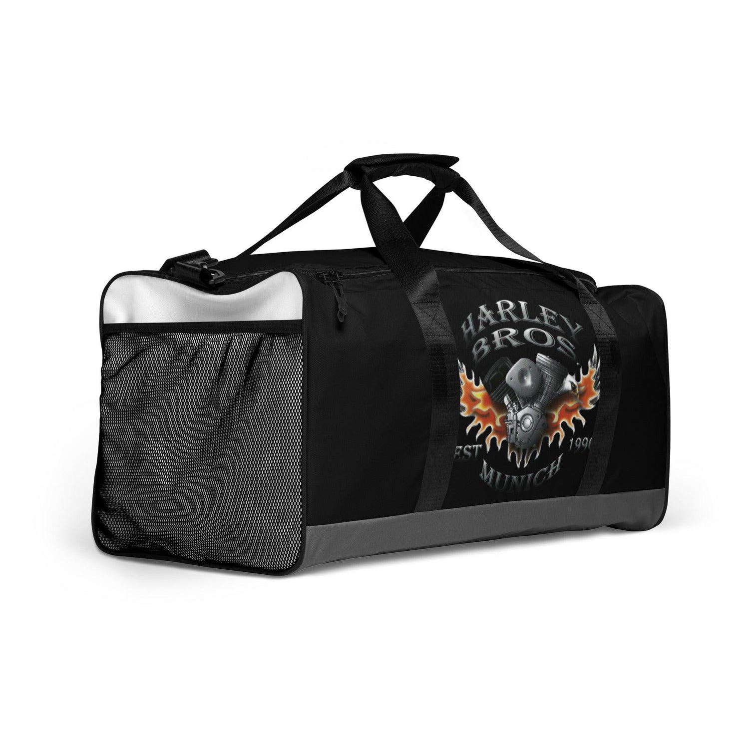 Schwarze Sporttasche mit Harley Bros München Logo, Flammen-Design, Seitenfach, weißem Akzent