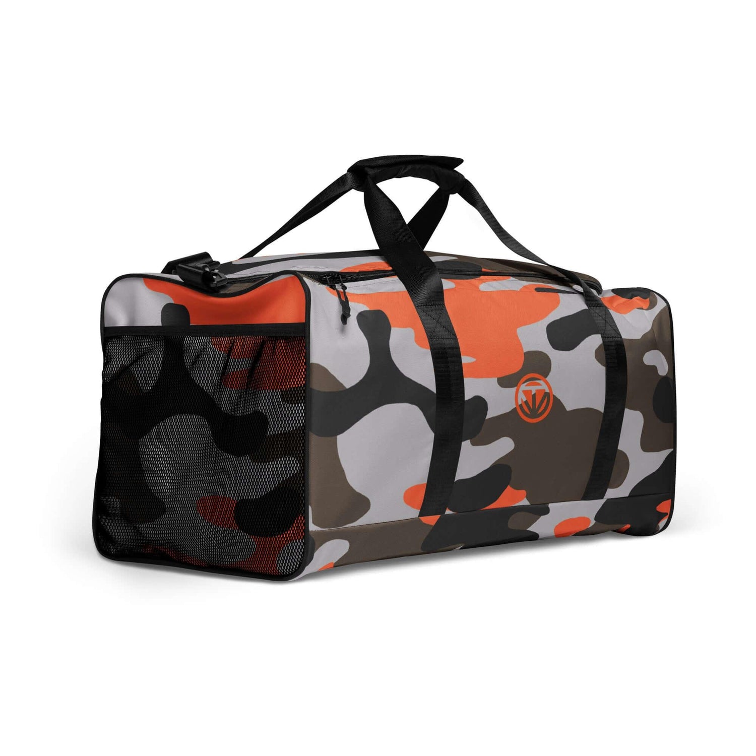 Sporttasche mit abstraktem Camouflage-Muster in Orange, Schwarz, Grau und Netz-Seitentasche