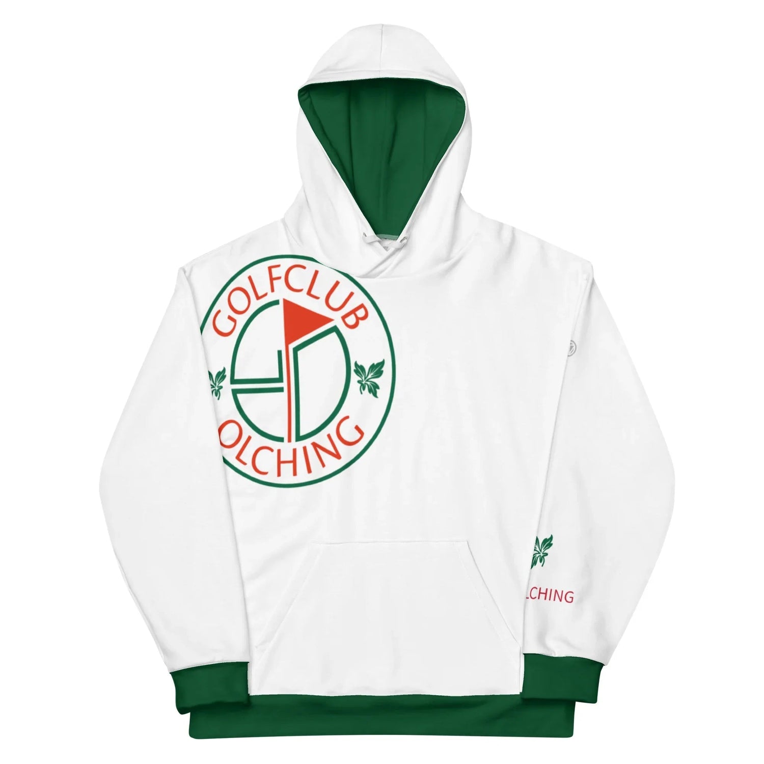 Weißer Golfclub Olching Hoodie mit grün-rotem Logo und grüner Kapuzeninnenseite