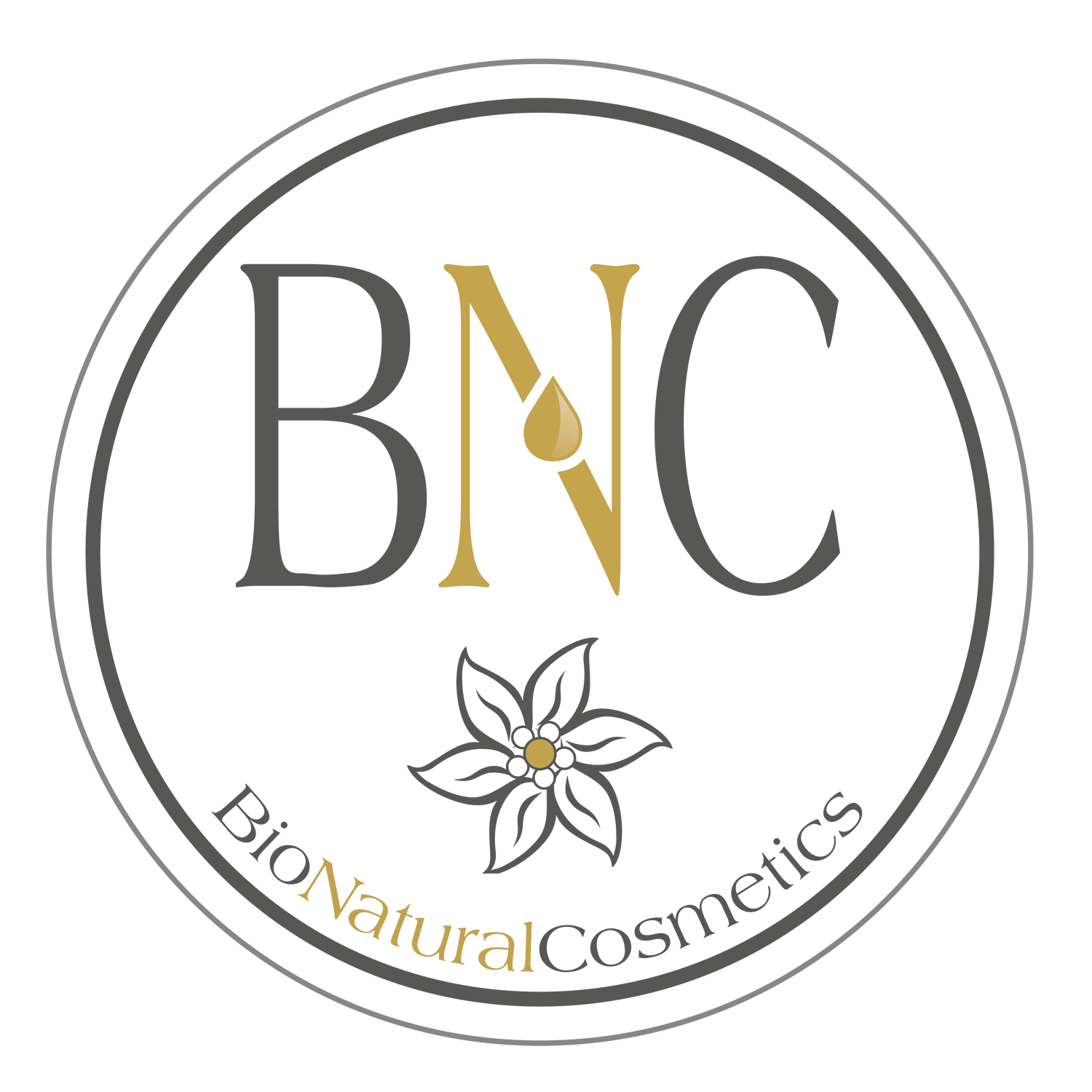 Rundes BioNaturalCosmetics Logo mit gold-schwarzen BNC Buchstaben und Blume auf schwarzem Hintergrund