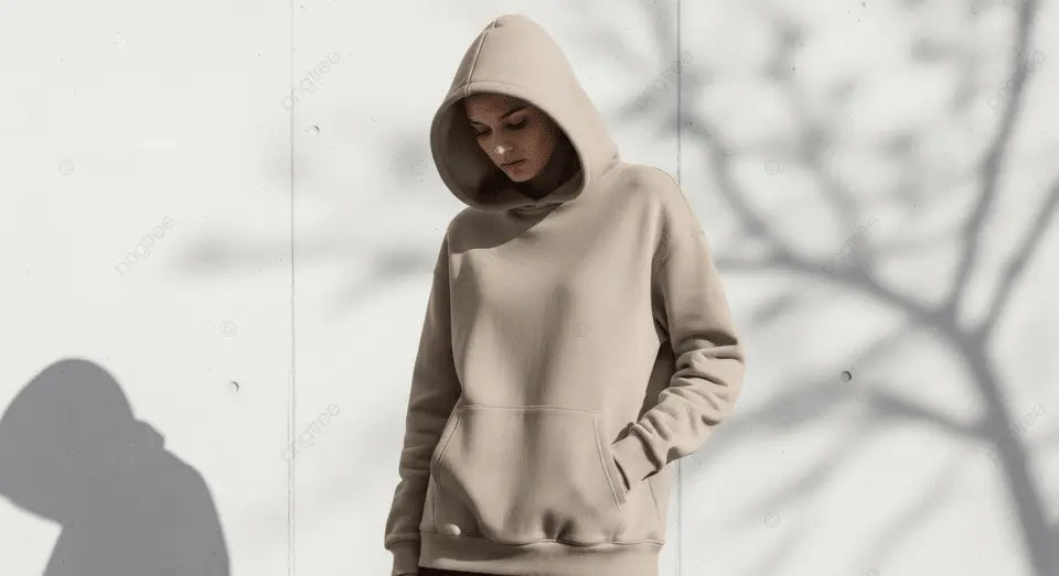 Frau trägt neutralfarbigen Hoodie mit Kapuze vor weißer Wand mit Baumschatten, Mode und Streetwear