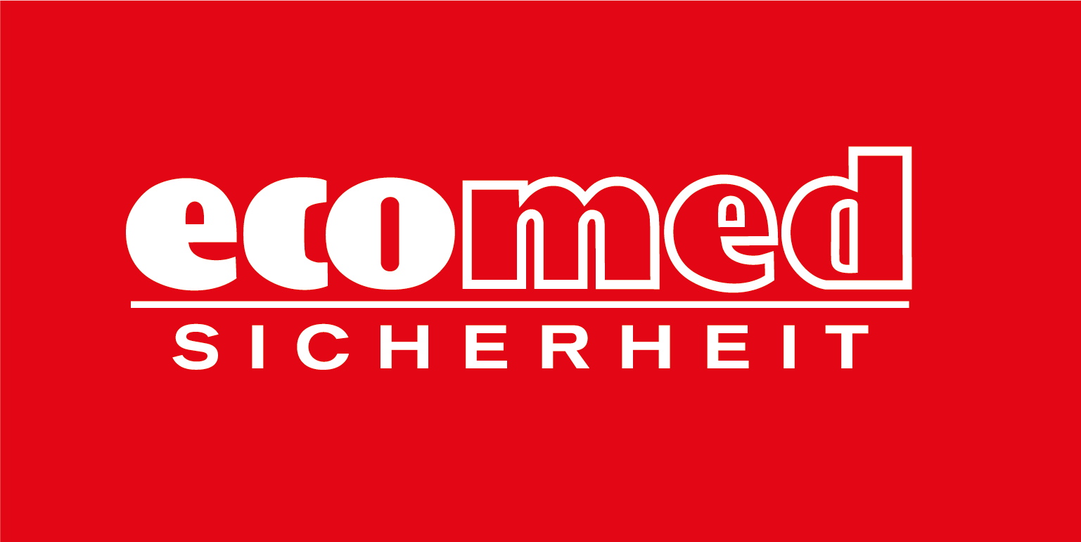 ecomed Sicherheit Logo in Weiß auf rotem Hintergrund, klare Schrift, Sicherheitsbranche