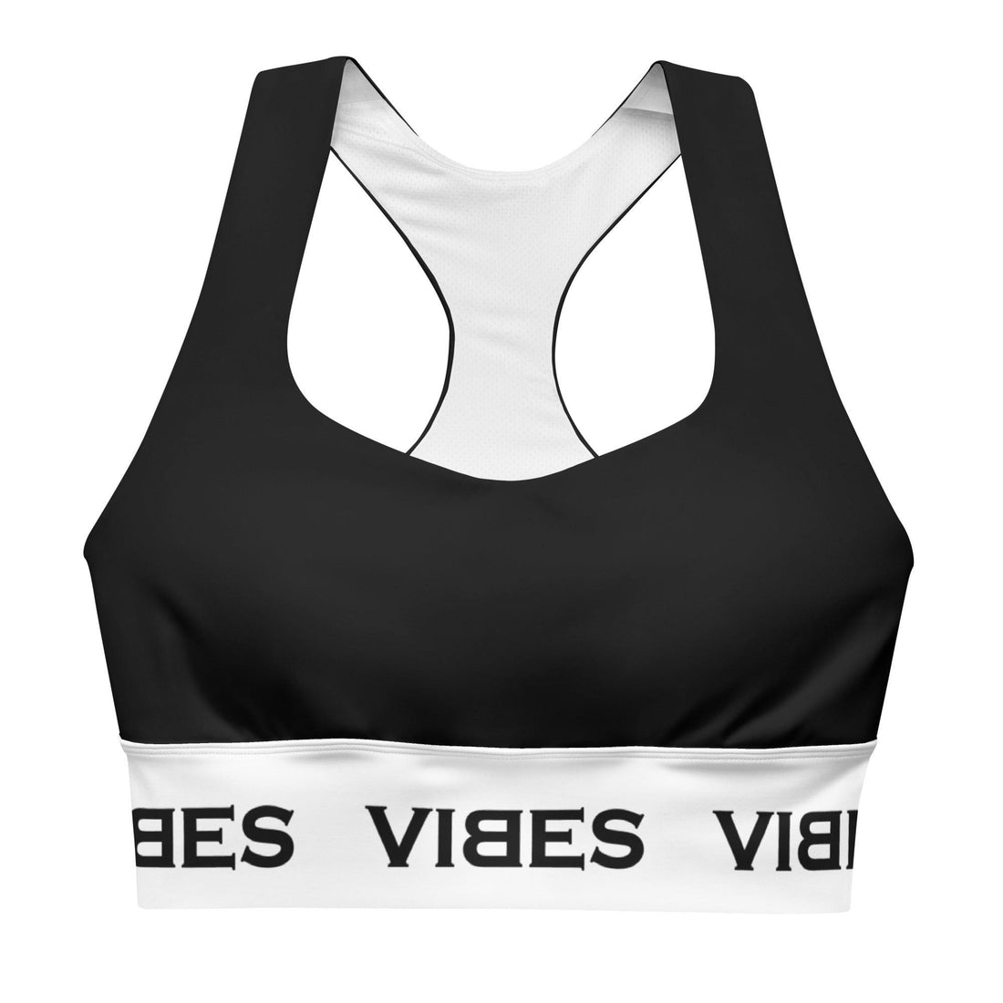 Sport-BH schwarz-weiß mit breitem VIBES-Bund, Racerback-Design, Vorderansicht