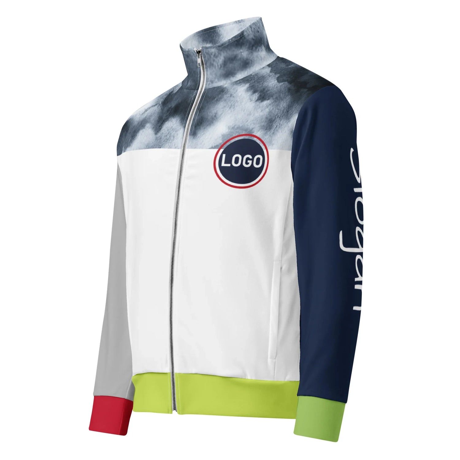 Herren Track Jacke mit weißer Front, Logo und grauem Marmormuster.