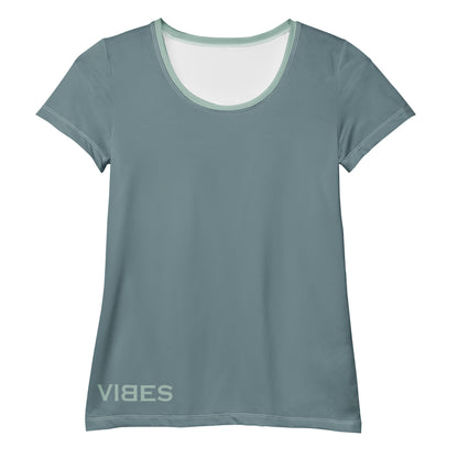 Damen Sport T-Shirt in Grau mit dezentem Vibes Schriftzug vorne, Rundhalsausschnitt