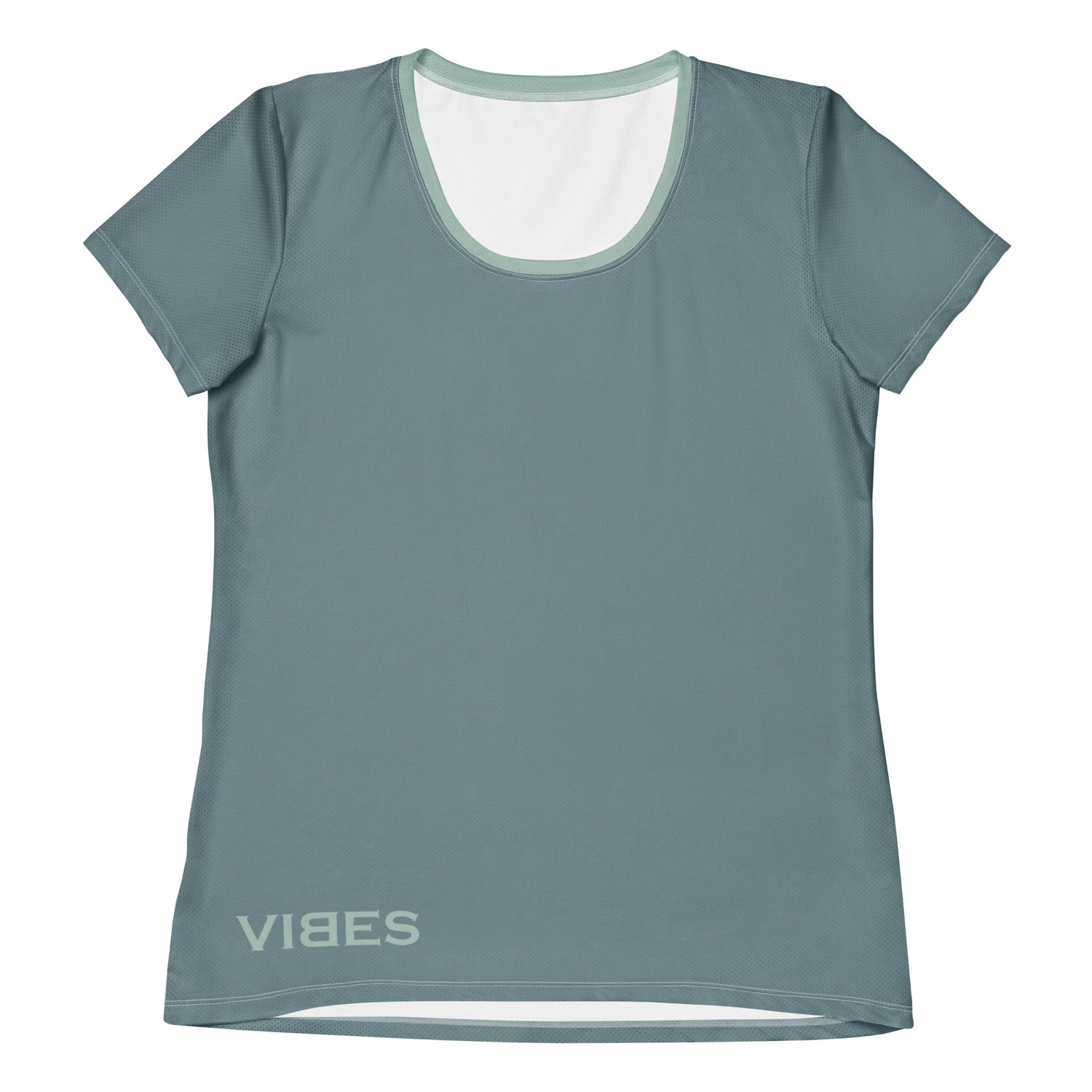 Damen Sport T-Shirt in Grau mit mintfarbenem V-Ausschnitt und VIBES Schriftzug vorne