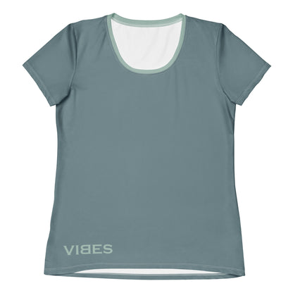 Damen Sport T-Shirt in Grau mit mintfarbenem V-Ausschnitt und VIBES Schriftzug vorne