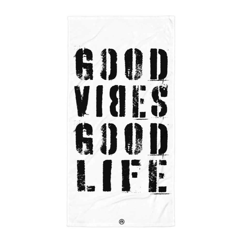 Weißes Strandtuch mit schwarzem Druck Good Vibes Good Life im urbanen Design von Time Of Vibes