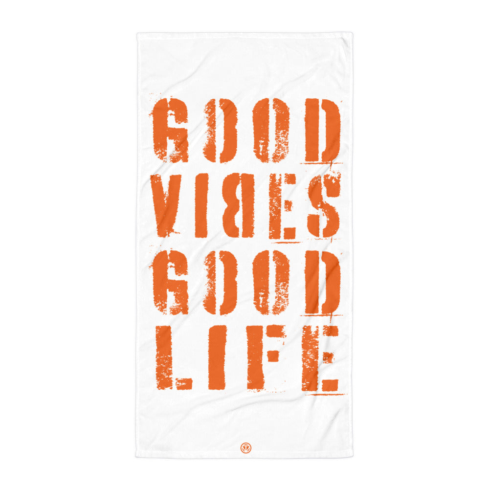Weiße Strandtuch mit orangem Schriftzug Good Vibes Good Life, modernes Design, Time Of Vibes