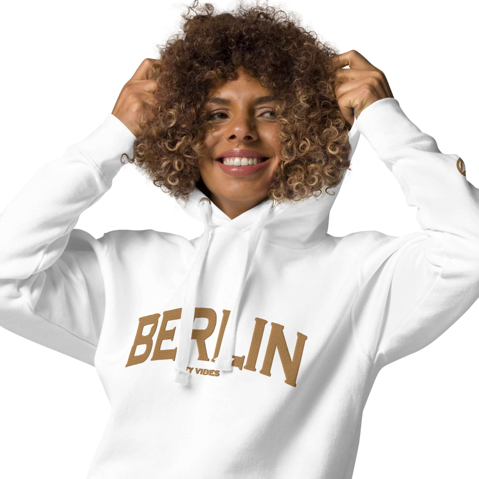 TIME OF VIBES Klassischer Kapuzenpullover BERLIN (Weiß/Gold) - €69,00