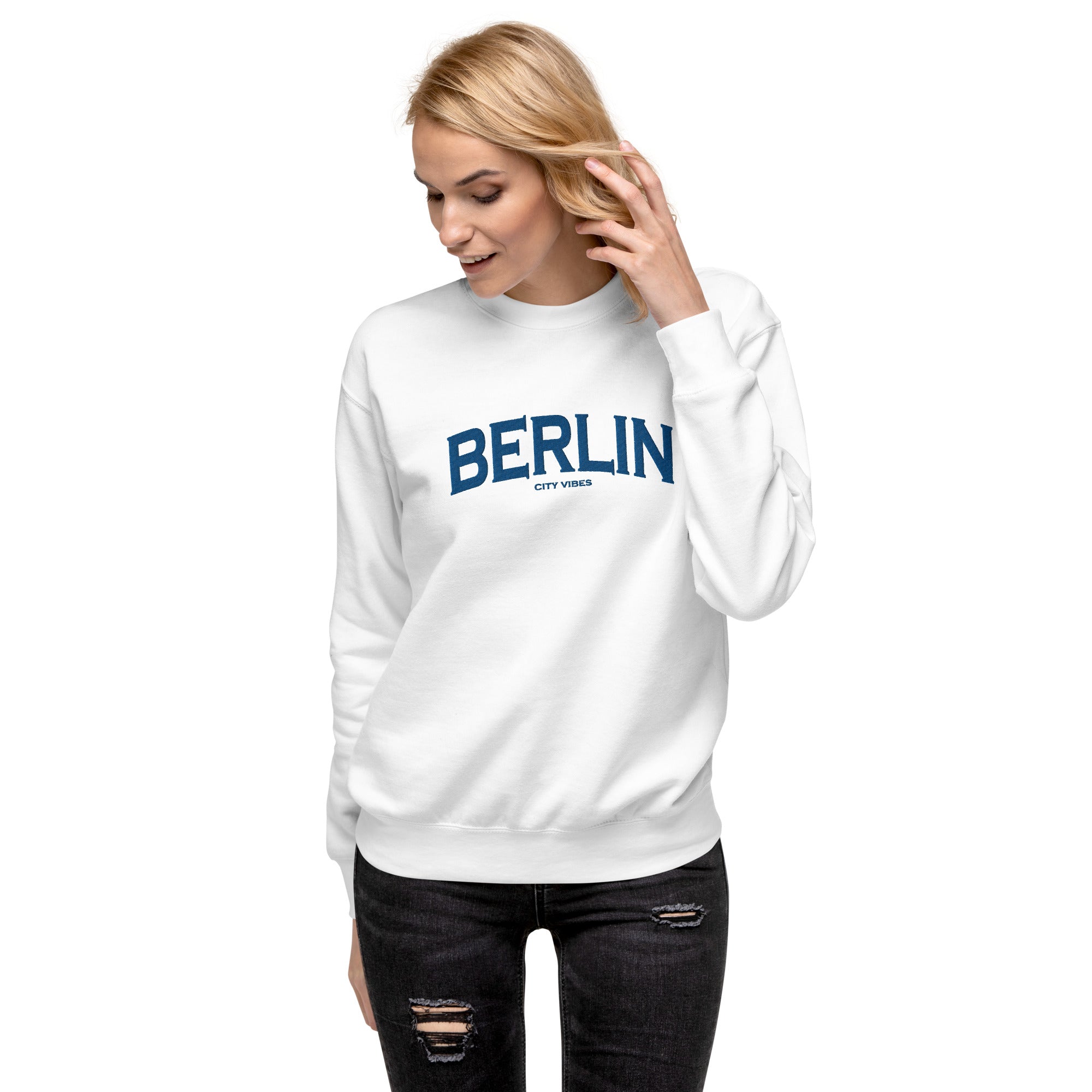 TIME OF VIBES Premium Sweatshirt BERLIN (Weiß/Blau) - €59,00