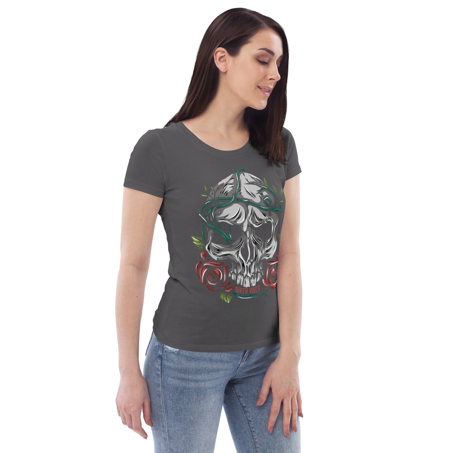 TIME OF VIBES - Women's fitted eco tee FLOWERSKULL (Grey) - €32.00