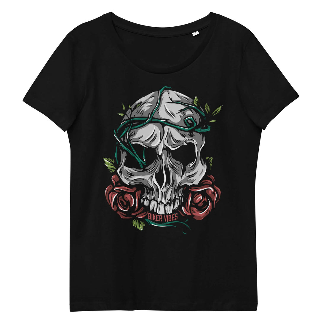 TIME OF VIBES Tailliertes Damen Bio-Baumwoll T-Shirt FLOWERSKULL (Schwarz) - €32,00