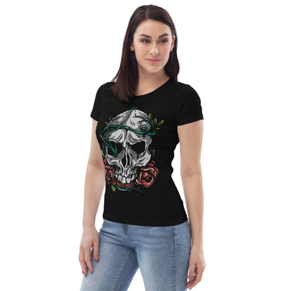 TIME OF VIBES Tailliertes Damen Bio-Baumwoll T-Shirt FLOWERSKULL (Schwarz) - €32,00