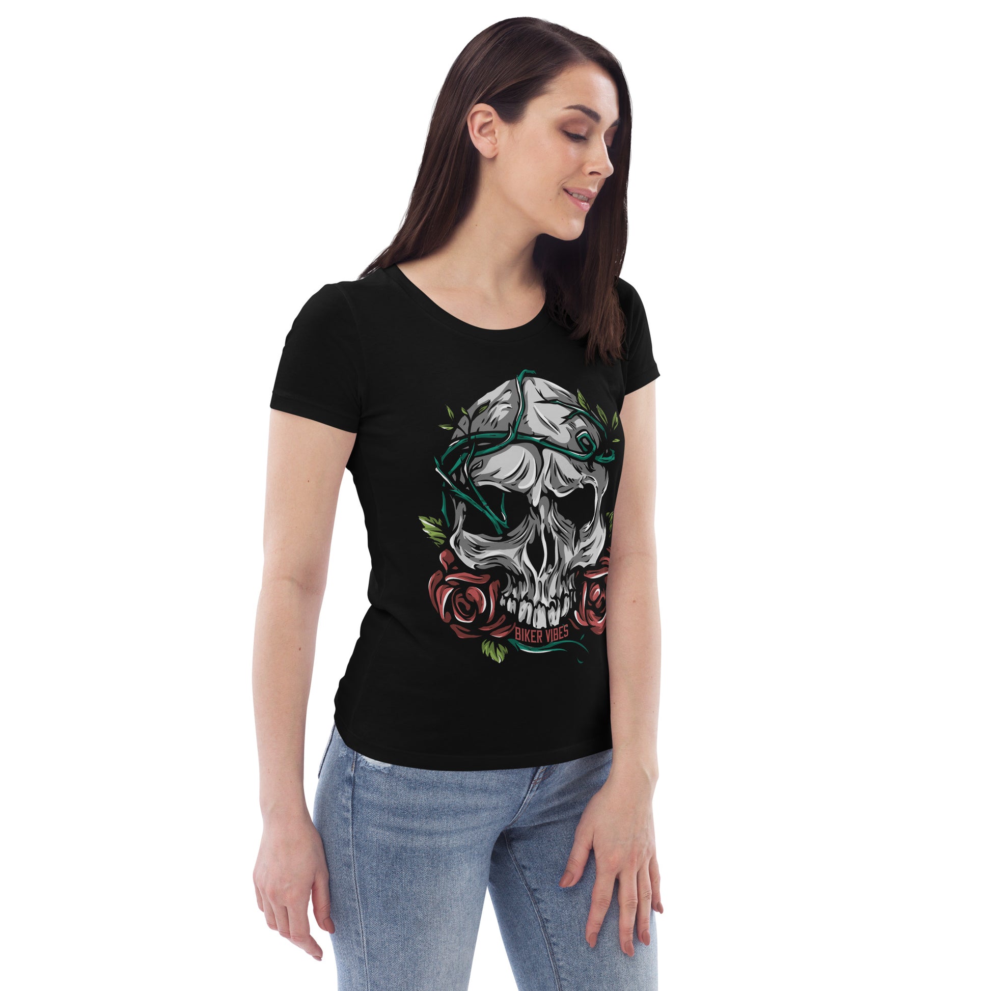 TIME OF VIBES - Women's fitted eco tee FLOWERSKULL (Black) - €32.00