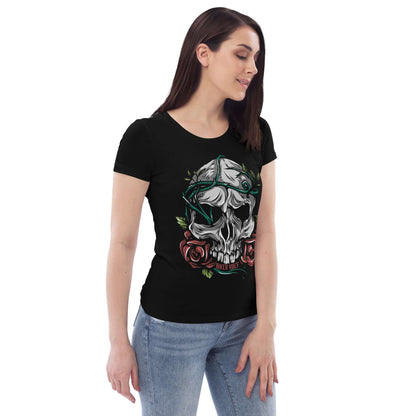 TIME OF VIBES Tailliertes Damen Bio-Baumwoll T-Shirt FLOWERSKULL (Schwarz) - €32,00