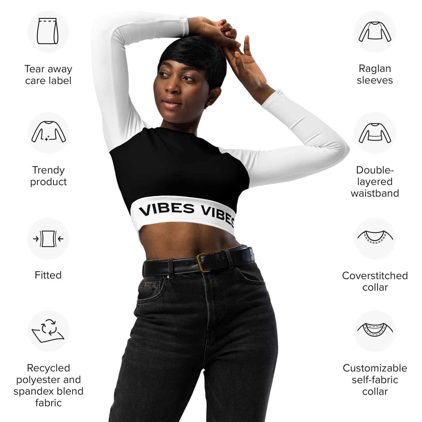 TIME OF VIBES - Recycled long-sleeve crop top VIBES (Black/White) - €54.00
