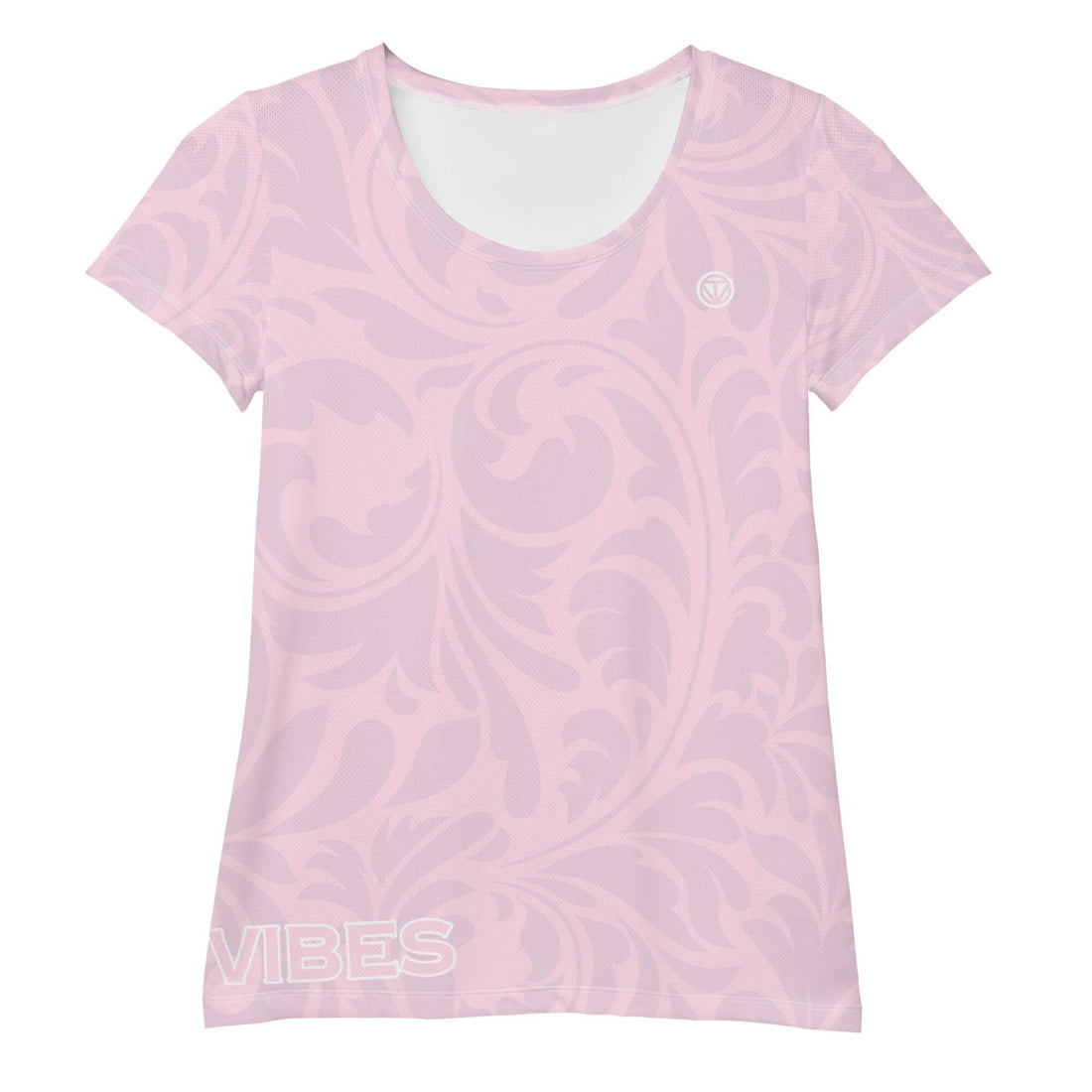 Damen T-Shirt rosa mit floralen Mustern, kurzarm, Schriftzug VIBES, Sportmode