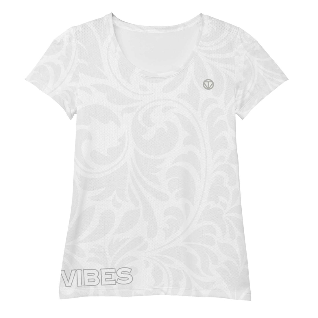Weißes Damen Sport T-Shirt mit floralem Muster, Schriftzug VIBES und kleinem Logo.